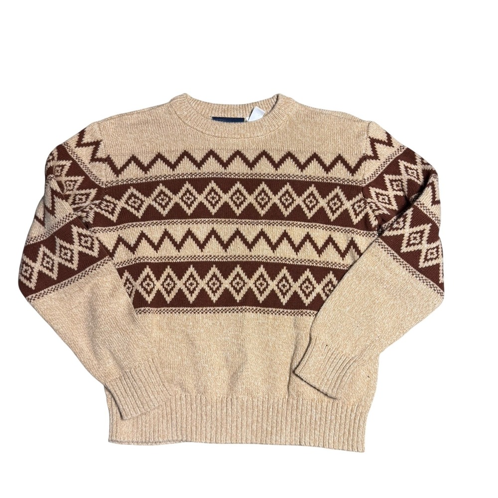 The Childrens Place Boys Tan Brown Fair Isle Crewneck Sweater Size M 7/8